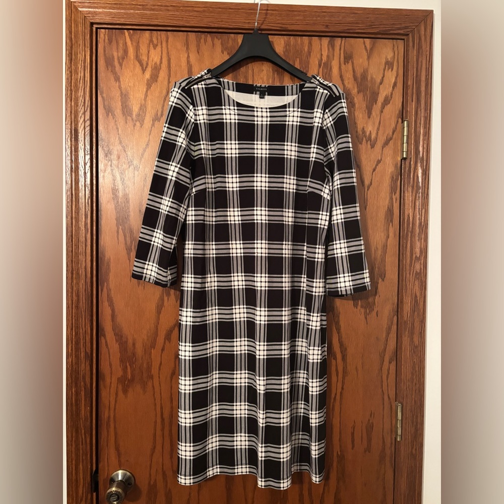 Talbots black & cream plaid sheath dress. Size Large. Worn once—EUC!